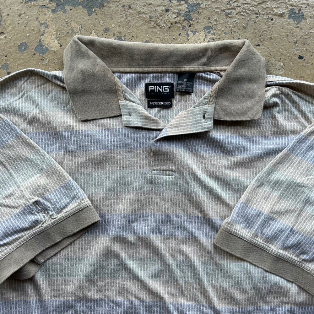 Vintage 90s Ping Golf Polo Shirt Mens XL Mercerized Cotton Striped Blue Tan